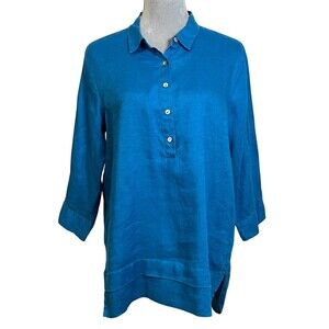 J. Jill 100% Linen Blue Tunic Top Womens M Breathable Beachy Summer Lightweight